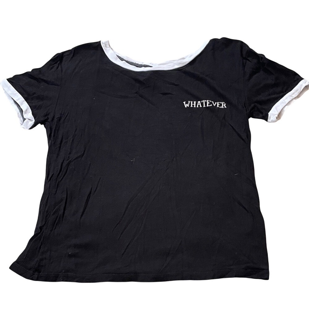 Luna Chix Black Whatever Graphic Ringer Tee Short Sleeve Shirt Medium
